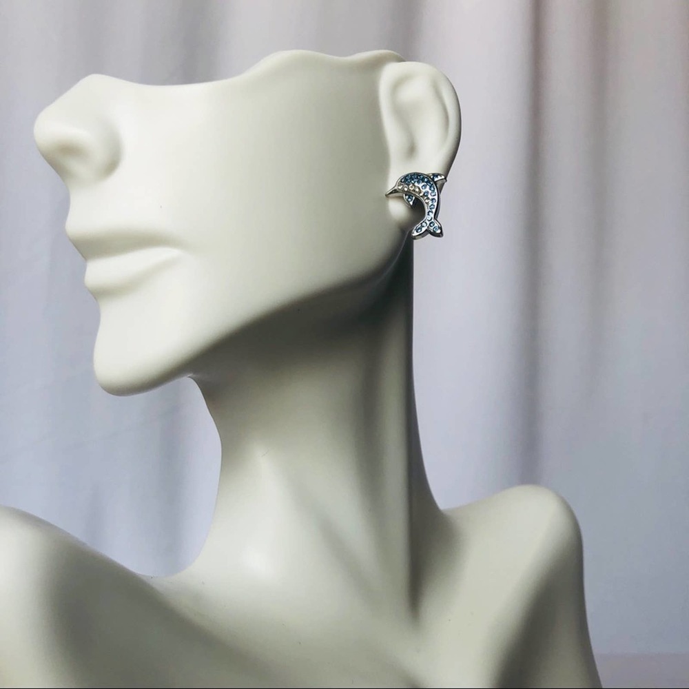 Dolphin crystal rhinestone silver earrings, New - Picture 5 of 14